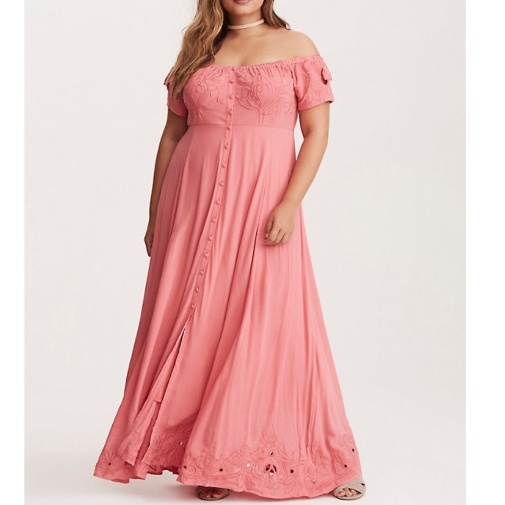 Torrid Coral Embroidered Off Shoulder Maxi Dress